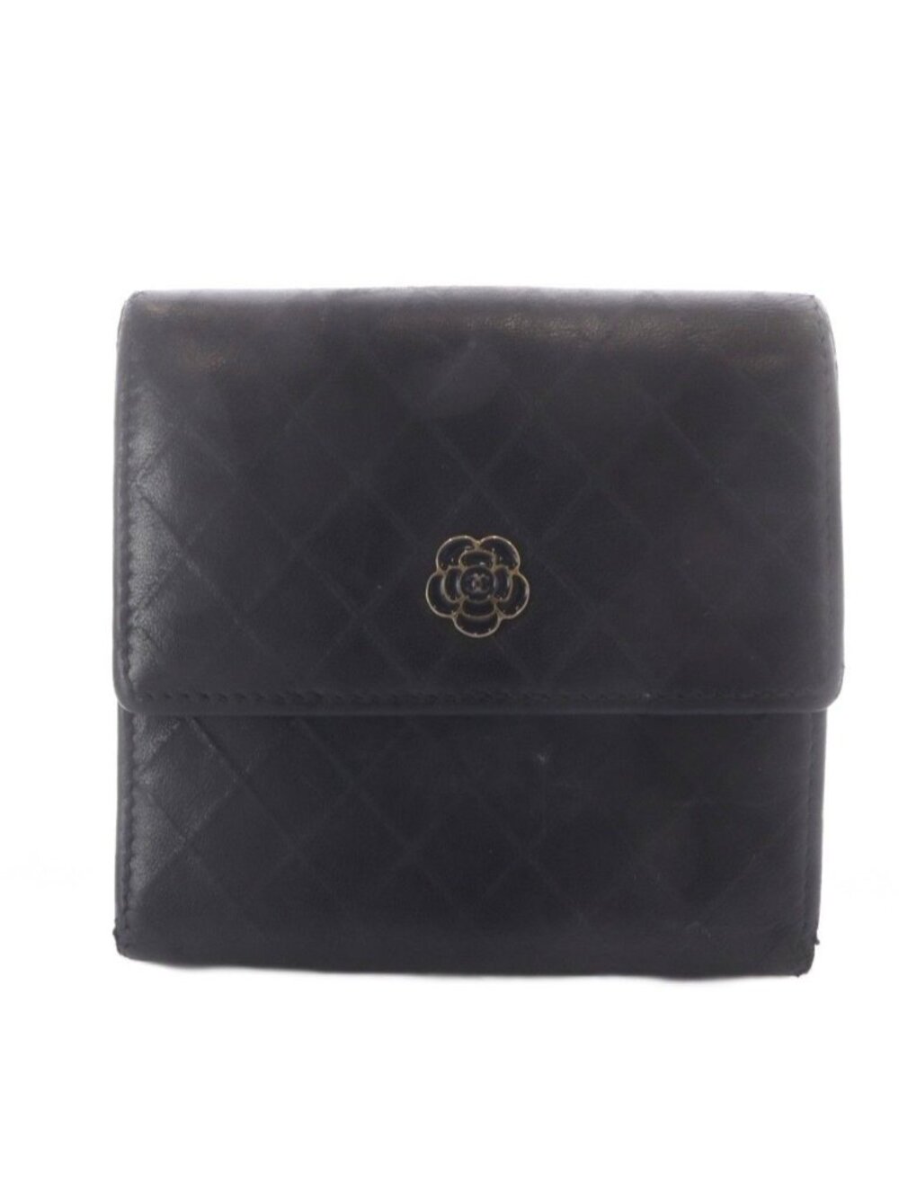 Chanel Vintage Compact Wallet Camellia Trifold Quilted Leather Black